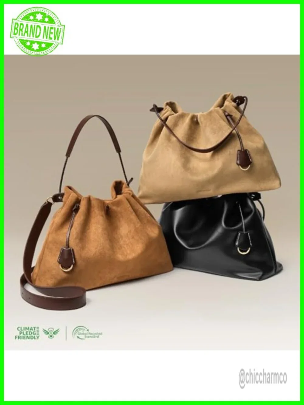 Slouchy Hobo Bag with Drawstring Closure and Dual Straps Soft Faux Suede